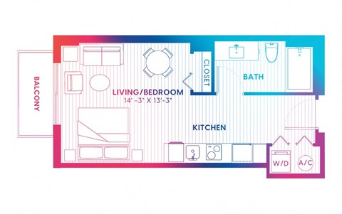 Floor plan for studio, 1 bath, 411 sqft